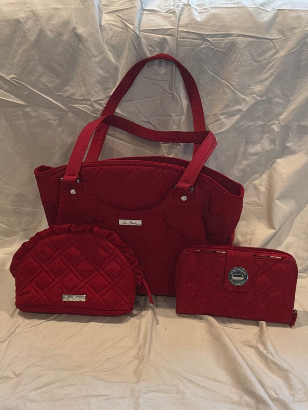 Vera Bradley Red 3 Piece Tote Wallet Cosmetic Bag Matching Set